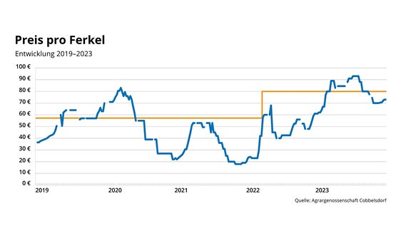 Ein Graf zeigt den Preis pro Ferkel über mehrere Jahre hinweg an. 