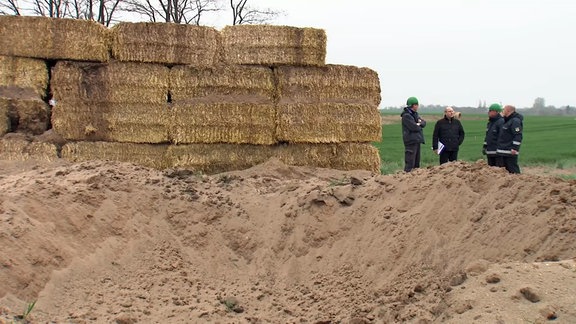 Hinter dem Krater, der durch die Sprenung der Weltkriegsbombe entstanden ist, steht eine Strohwand. Rechts davon stehen vier Männer vom Kampfmittelbeseitigungsdienst.