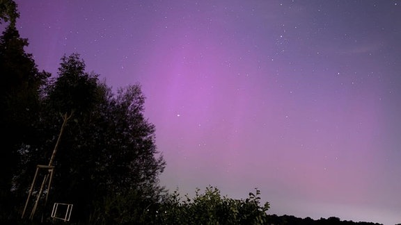 violette Polarlichter und eine Sternschnuppe an einem Nachthimmel