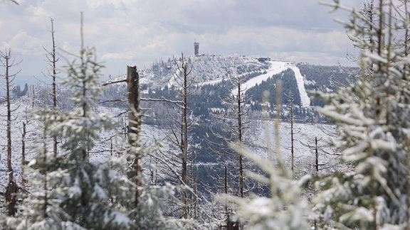 Blick vom Brocken auf den schneebedeckten Wurmberg