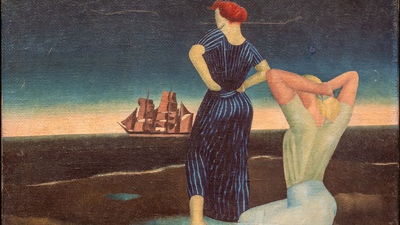 Gemälde von T. Lux Feininger, das zwei Frauen am Meer zeigt, auf dem Wasser ein Schiff