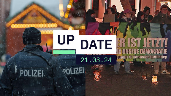 Eine Collage aus Polizisten auf einem Weihnachtsmarkt und Menschen, die bei einer Demo ein Transparent hochhalten mit der Aufschrift "Nie wieder ist jetzt"