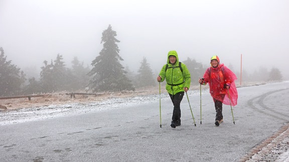 Wanderer sind bei Schneefall auf dem Brocken unterwegs.