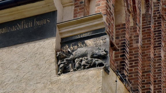 Schmähplastik Judensau auf der Südostseite der Stadtkirche St. Marien in Wittenberg