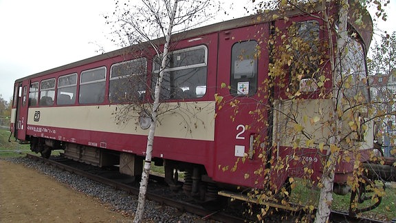 Hinter zwei Birken steht auf einem kurzen Gleisstück ein ehemaliger Passagierwaggon der Tschechischen Staatsbahn