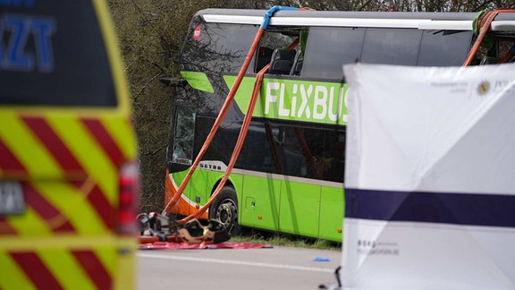 Ein verunfallter Flixbus steht an einer Hecke