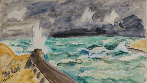 Aquarell von Heckel zeigt ein stürmisches Meer in bunten, eher warmen Farben. 