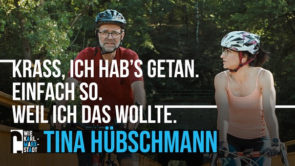 Frau in Fahrradkleidung auf Fahrrad fährt mit Mann auf Fahrrad durch Landschaft