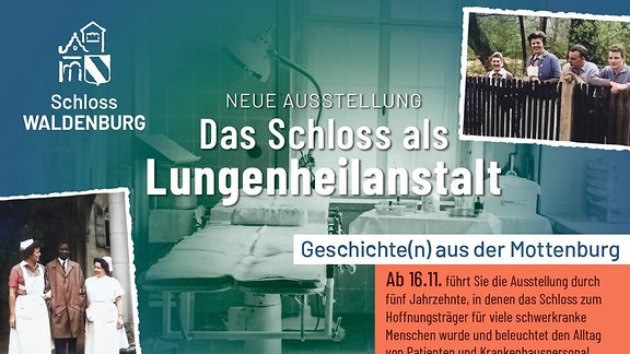 Plakat kündigt neue Ausstellung im Schloss Waldenburg an - Titel: Das Schloss als Lungenheilanstalt