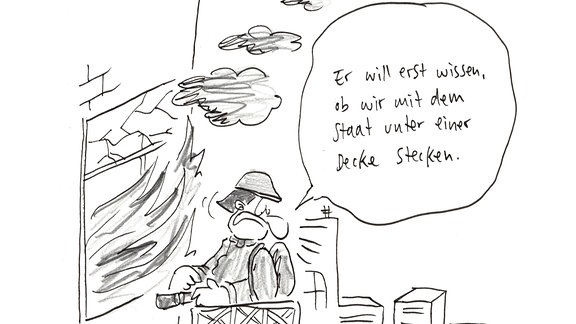 Karikatur: Ein Feuerwehrmann steht auf einer Drehleiter vor einem Fenster, aus dem Rauch quillt