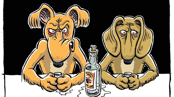 Karikatur: Zwei Hunde sitzen nebeneinander an einer Theke, auf der eine Flasche mit Alkohol steht