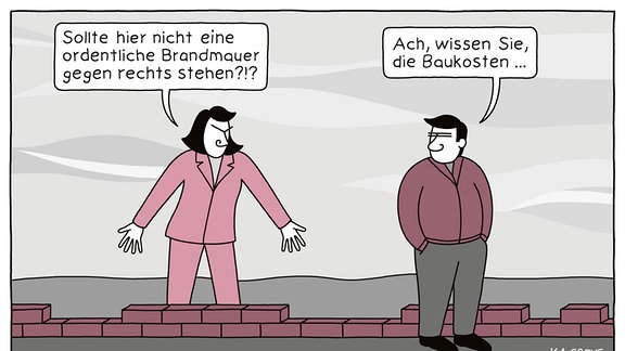 Karikatur: Zwei Personen stehen vor und hinter einer Mauer, die nur aus zwei unvollständigen Ziegelsteinreihen besteht