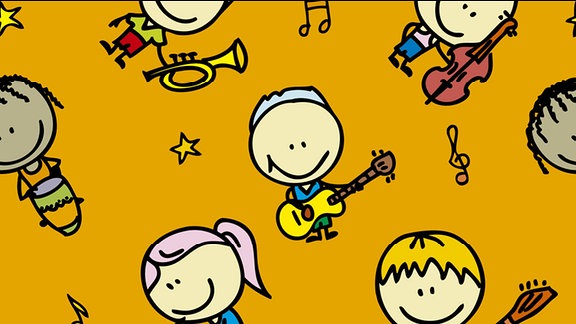 Illustration: Kindermusik - gezeichnete Kinderfiguren mit Musikinstrumenten