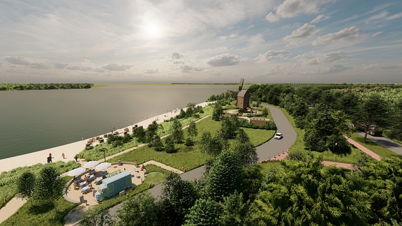 Badestrand am See mit Windmüle (animiertes Bild)