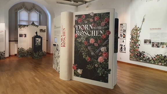 In einem hellen Ausstellungsraum laden verschiedene Stationen mit Erklärtexten und multimedialen Elementen zum Entdecken ein. In der Mitte des Bildes ist das Ausstellungselement wie ein überdimensionales Buch gestaltet, das die Aufschrift "Dornröschen" trägt.