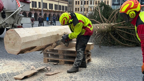 Weihnachtsbaum wird in Leipzig aufgestellt.