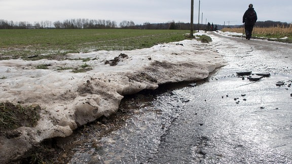 Tauwetter zeigt Frostschäden an einer Straße