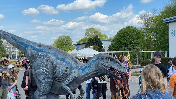 Verschiedene Besucher in lustigen Kostümen im Comic-Park in Erfurt.