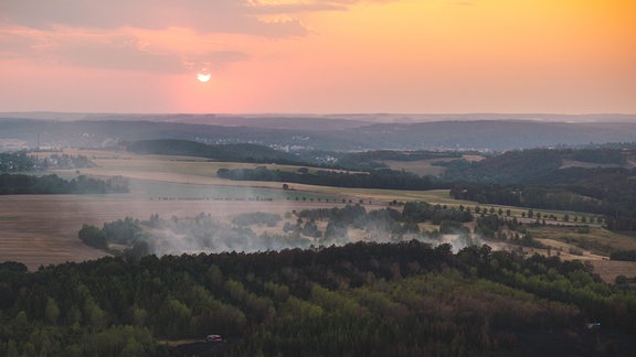 Rauch über einem abgebrannten Waldstück.