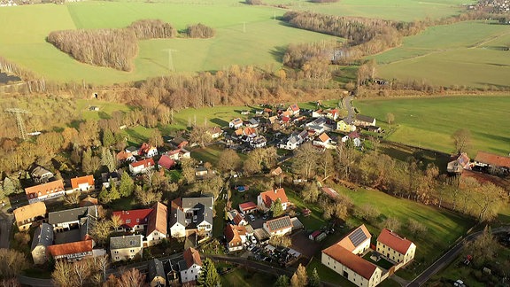 Gauernhalde: grüner Hang mit Häusern und Bäumen