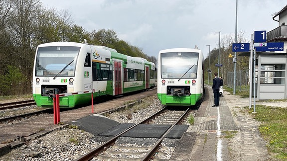 Zwei Dieseltriebwagen in einem Bahnhof.