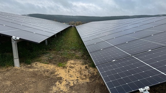 Solaranlagenfeld auf Wiese von oben 