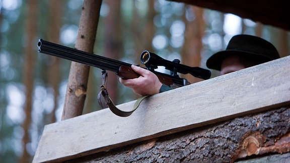 Ein Jäger auf einem Hochstand zielt mit seinem Gewehr.