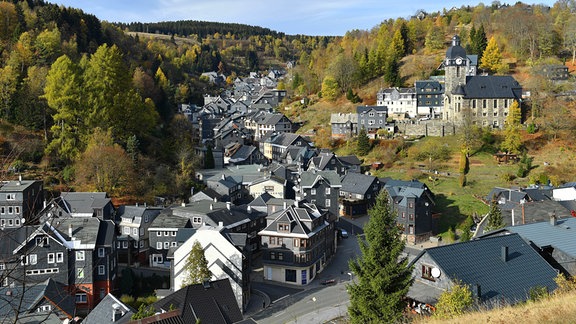 Herbstlich gefärbte Bäume rahmen den Ort mit der Stadtkirche ein. 