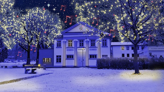 Das Theater Rudolstadt von vorne, winterlich und weihnachtlich bearbeitet