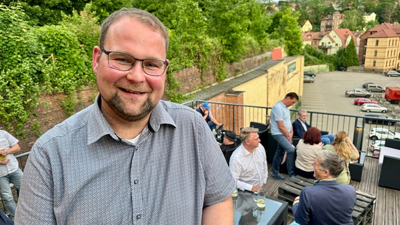 Christoph Ihling (CDU) bei Wahlparty der CDU auf der Dachterasse der Brauerei  