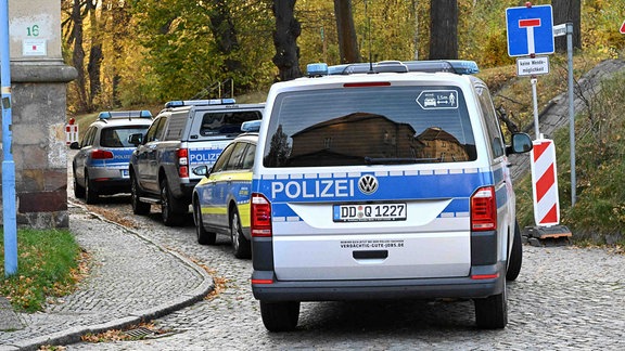 Polizeifahrzeuge in Reihe von hinten