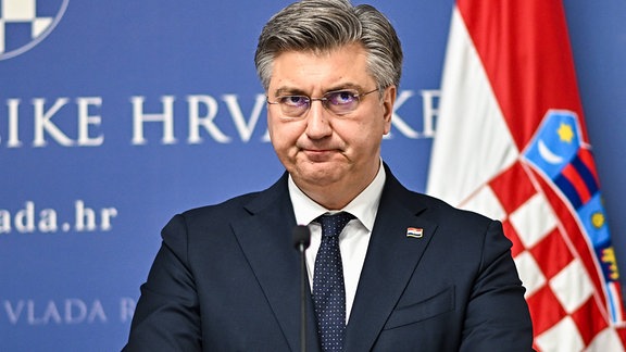 Kroatiens Premierminister, Andrej Plenkovic, auf einer Pressekonferenz