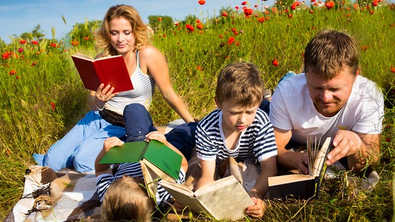 Eine Familie liest auf einer Wiese Bücher