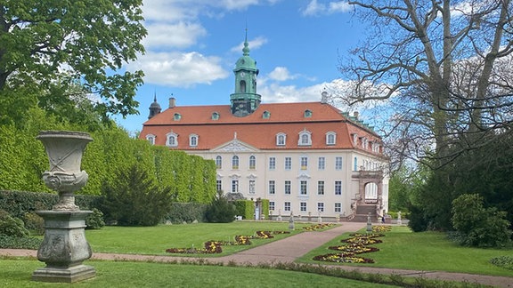 Ein Schloss mit grüner Wiese vor blauem Himmel.