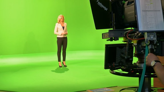 Anja Koebel vor einem Green Screen im Sachsenspiegel-Studio