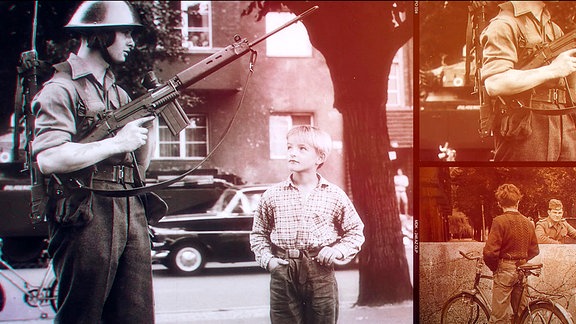 Collage zur DDR-Mauer, zu sehen sind Kinder und Grenzsoldaten.