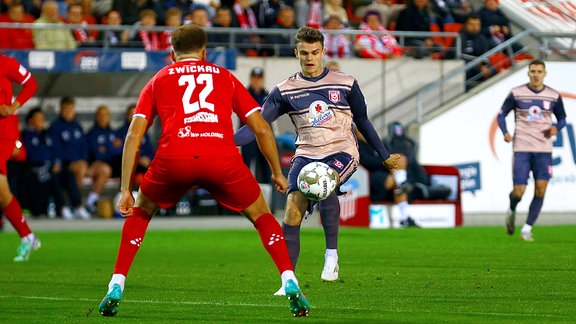 Fabrice Hartmann (Halle) am Ball, vorne Oliver Fobassam (Zwickau)