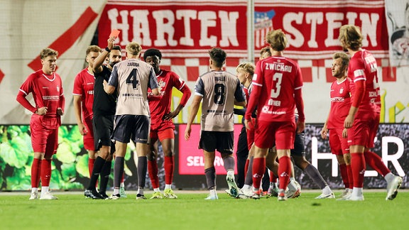 Im Fußballspiel  FSV Zwickau gegen Hallescher FC zeigt Schiedsrichter Christoph Dallmann Kilian Zaruba ( 4, Halle) die rote Karte.