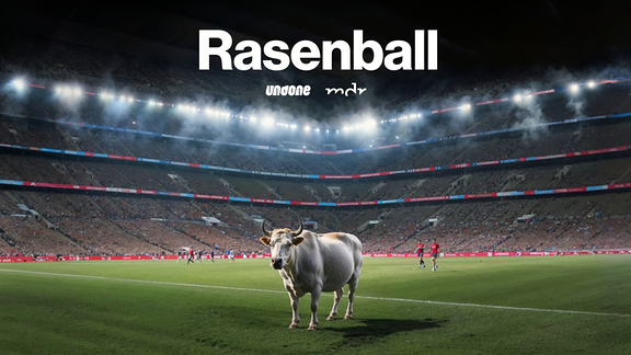 Das Cover vom Podcast „Rasenball: Red Bull und der moderne Fußball“ zeigt einen weißen Bullen mitten in einem Fußballstadion mit vier Rängen. Im Hintergrund laufen Spieler in roten und weißen Trikots. Welchen Mannschaften sie angehören, ist nicht erkennbar. Über dem Bullen steht in weißer Schrift „Rasenball“, unter dem Schriftzug sind in weiß die Logos von Undone und dem Mitteldeutschen Rundfunk abgebildet.