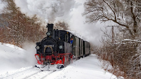 Preßnitztalbahn zwischen Schlüssel und Jöhstadt, im Winter.