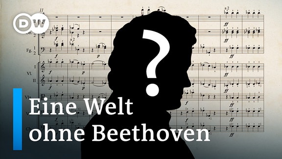 Scherenschnitt Portrait über Notenblatt mit Schrift: "Eine Welt ohne Beethoven?"