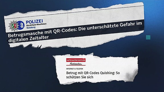 Grafik mit Schlagzeilen aus Zeitungsartikeln zum Thema QR-C0de-Betrug