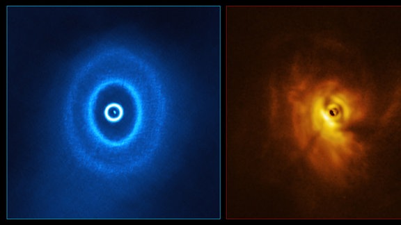  Linke Seite: Grafik auf Basis der Daten vom Radioteleskop ALMA, rechts Visualisierung der Daten des SPHERE Instruments