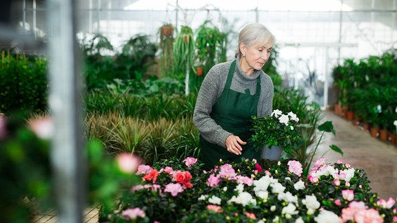 Eine Frau verkauft Blumen.