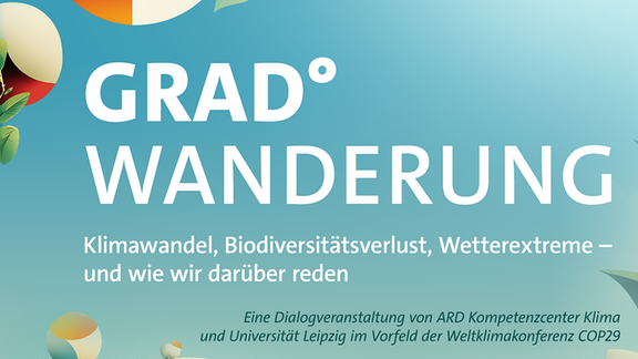 Künstlerische Illustration von Menschen in Verbindung mit Pflanzen und Insekten. Text: GRADWANDERUNG: Klimawandel, Biodiversitätsverlust, Wetterextreme – und wie wir darüber reden. Eine Dialogveranstaltung von ARD Kompetenzcenter Klima und Universität Leipzig im Vorfeld der Weltklimakonferenz COP29