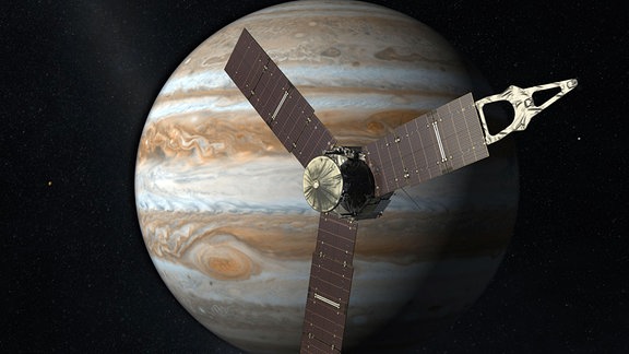 Künstlerische Darstellung der Ankunft der Juno-Raumsonde am Jupiter (4. Juli 2016).