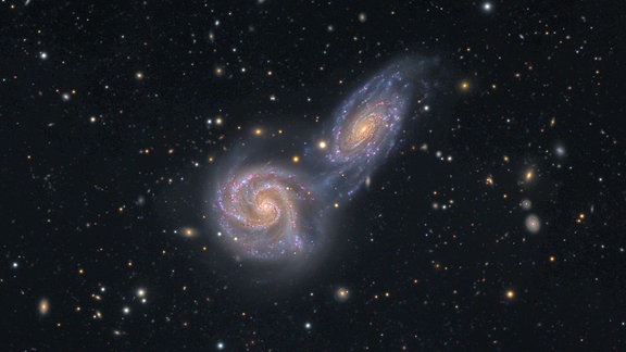 Kategorie: Galaxien  Arp 271: Kosmische Kollision © Mark Hanson, Mike Selby  NGC 5426 und NGC 5427 sind zwei Spiralgalaxien von ähnlicher Größe, die in eine bedeutende Wechselwirkung verwickelt sind. Diese Wechselwirkung, die unter dem Namen Arp 271 bekannt ist, wird voraussichtlich noch mehrere zehn Millionen Jahre andauern.  Aufgenommen mit CDK 1000 Teleskop, FLI 16803 Kamera, 6000 mm f/6, 32 Stunden Gesamtbelichtung. RGB-Werte, aufgenommen mit RiDK 700 FL 4900 Teleskop  Standort: Sternwarte El Sauce, Río Hurtado, Region Coquimbo, Chile 