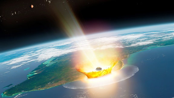 Die Illustration zeigt den Einschlag eines Asteroiden in Chicxulub. Im Hintergrund sind der Planet Mars und Asteroidenkörper zu sehen.