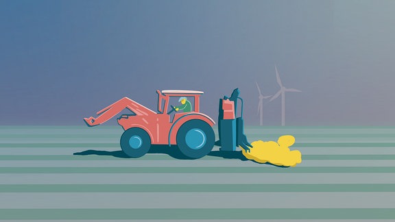 Illustration eines Traktors in bunten entsättigten Farben, der über Acker fährt und Düngemittel verteilt. Hintergrund Windräder.