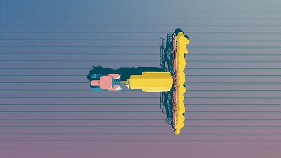 Illustration eines Traktors in entsättigen bunten Farben auf Feld, mit breitem Düng-Aufsatz von oben und Dünger-Nebel